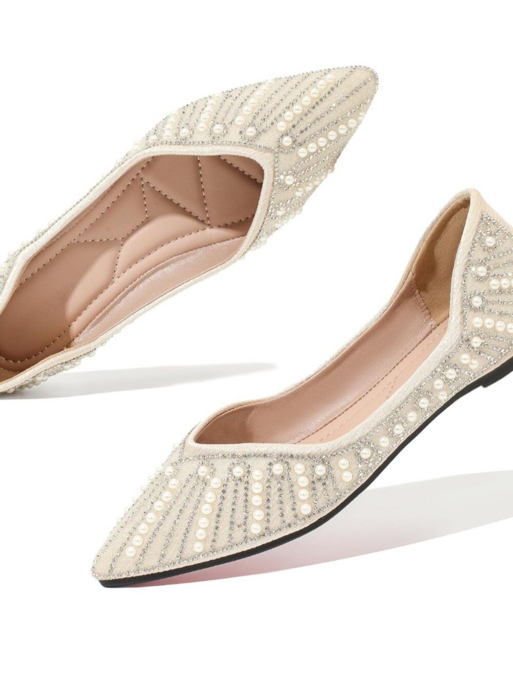 Embellished Rhinestone Pearl Pointed Toe Women’s Flats- Cream - Picture 3 of 8